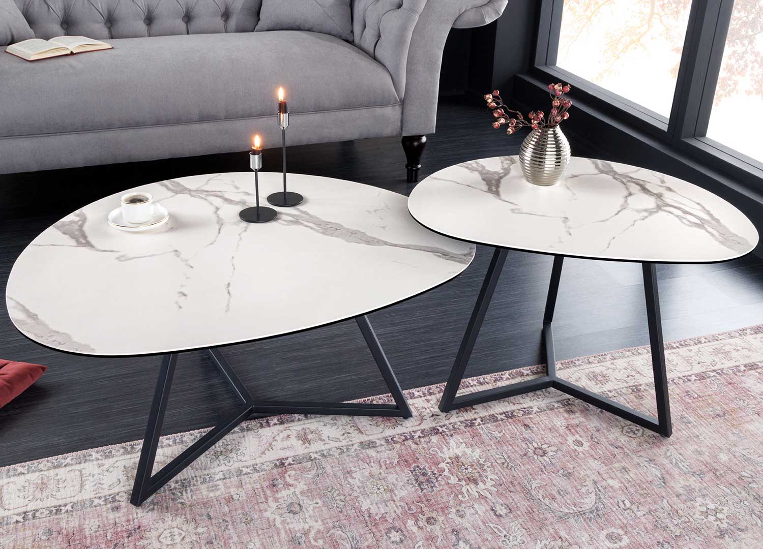 table basse design forme galet en céramique 90 et 70 cm
